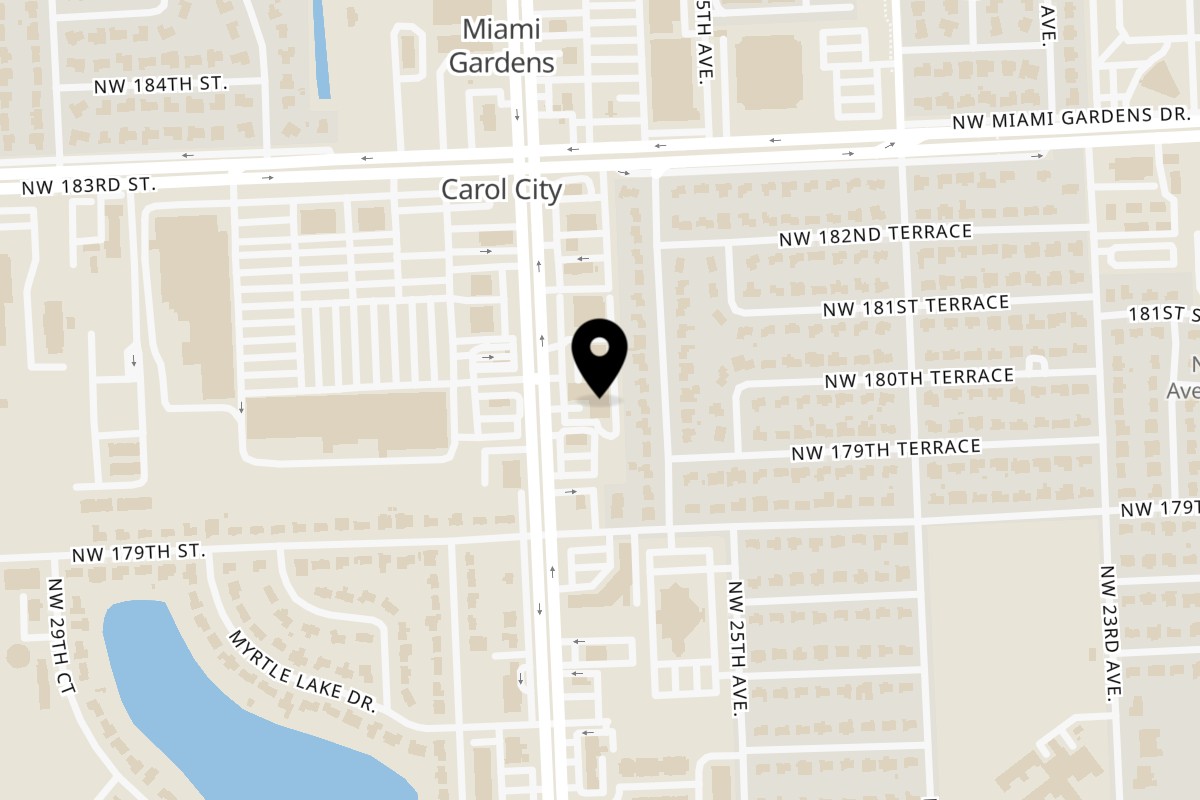 Map showing the location of Chefmarv cuisine on 18055 NW 27th Ave in Miami Gardens